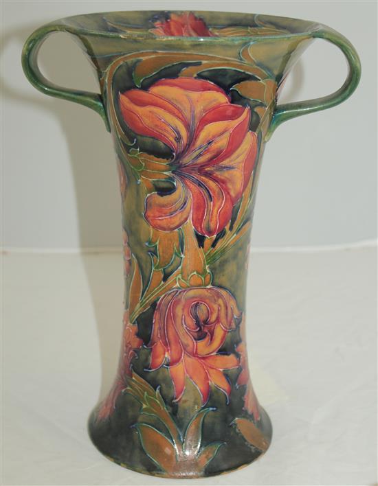 A William Moorcroft Spanish pattern tall two handled vase, c.1917, 27cm, section of foot restored